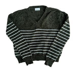 Poof Apparel Women Knitted Green White Stripes V Neck Pullover Sweater Size S